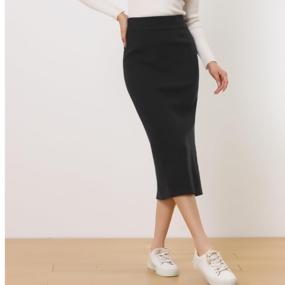 The Drop Tyler Ribbed Knit Midi Skirt Black Size L Elastic Waist Side Slit L